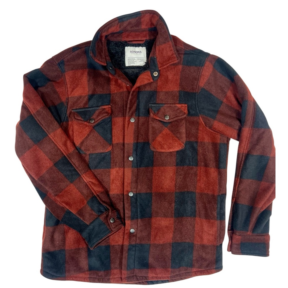 SONOMA Men”s Sherpa Lining Red Black Plaid Flannel Jacket sd. pockets size Large